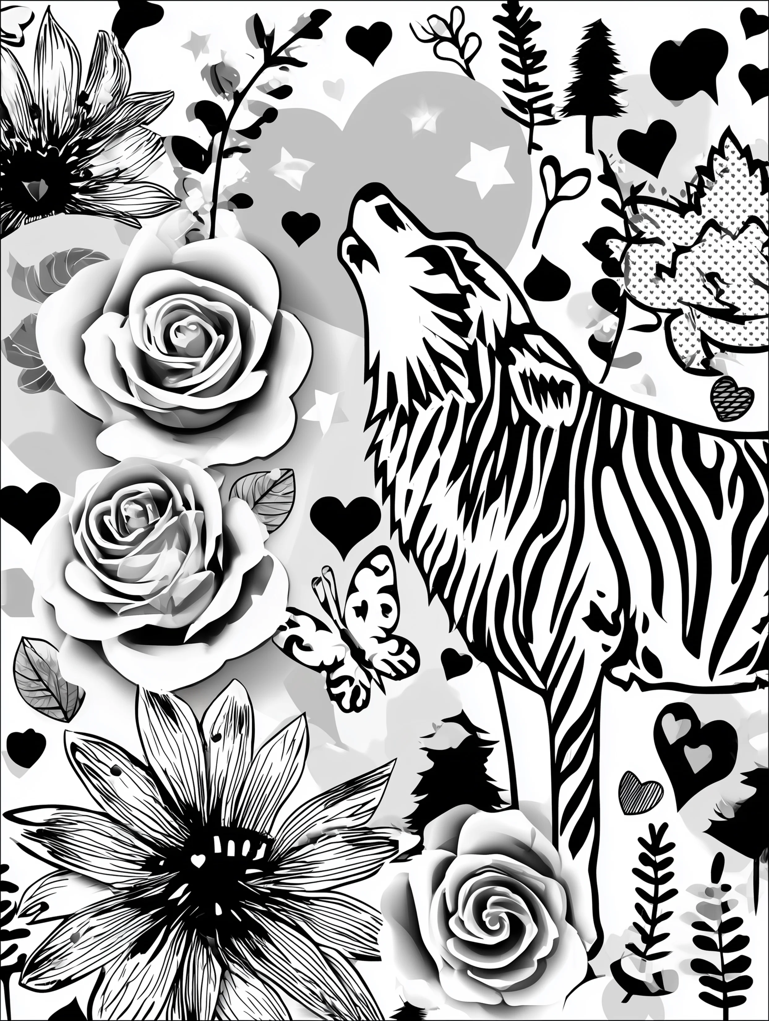 Free printable wolf coloring page for adults featuring a wolf howling with butterflies